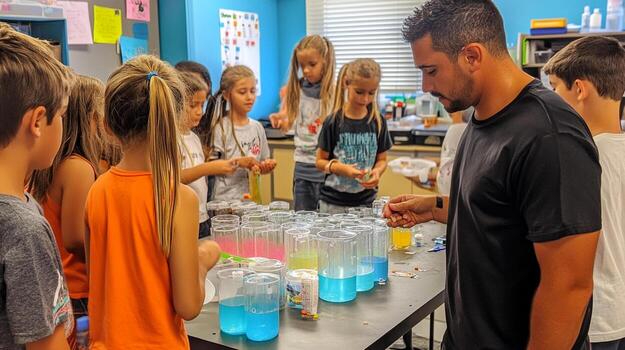 A group of children are standing around a table with some jars photo