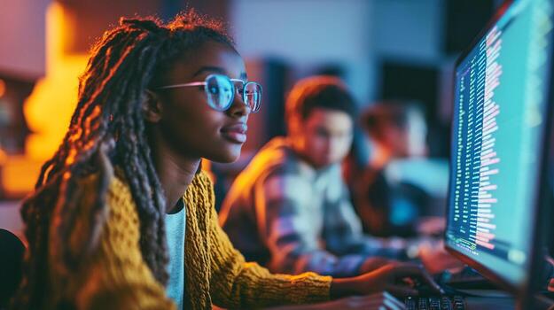 Empowered students coding in tech classroom, focused on learning photo