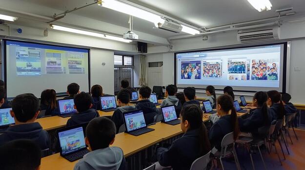 Students engaged in classroom using tablets for learning activities photo