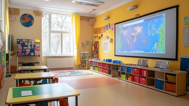 bright classroom with digital learning resources and interactive tools photo