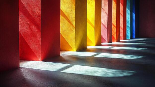Vivid geometric columns casting colorful shadows in bright space photo