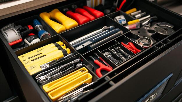 Organized toolbox filled with essential tools for various tasks and repairs photo