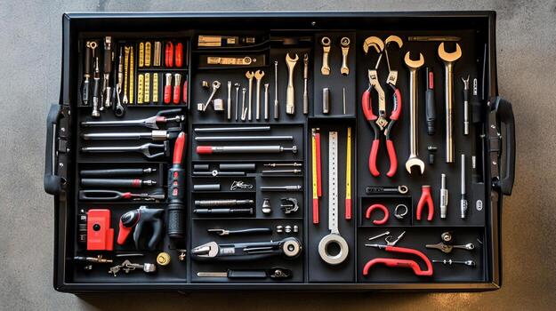 Organized toolbox filled with essential tools for various tasks photo