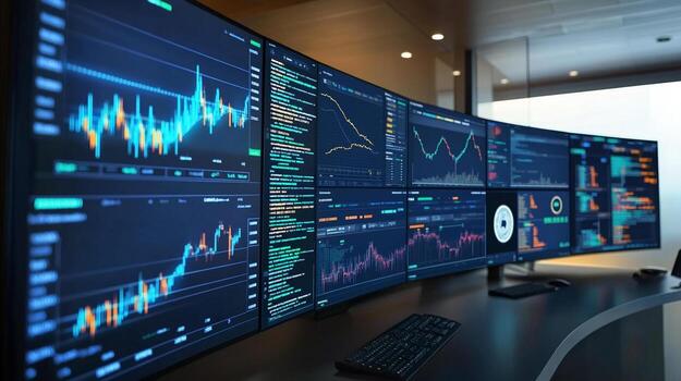 A large monitor with multiple screens showing different data photo