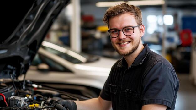 mechanic smiling while inspecting car engine in workshop photo