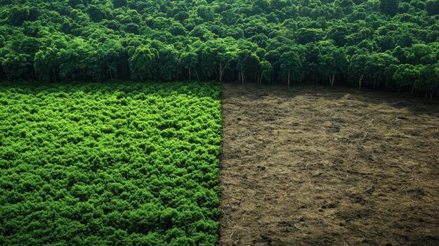 lush green forest transitioning into barren deforested area photo
