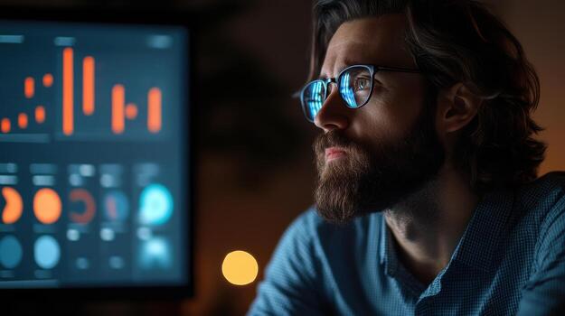 A man with glasses and a beard is looking at a computer screen photo