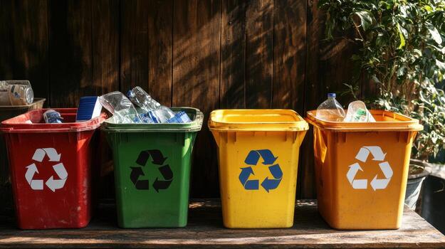 Three recycling bins with different colored tops photo