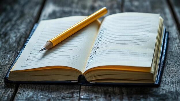 Pencil and open notebook on wooden table photo