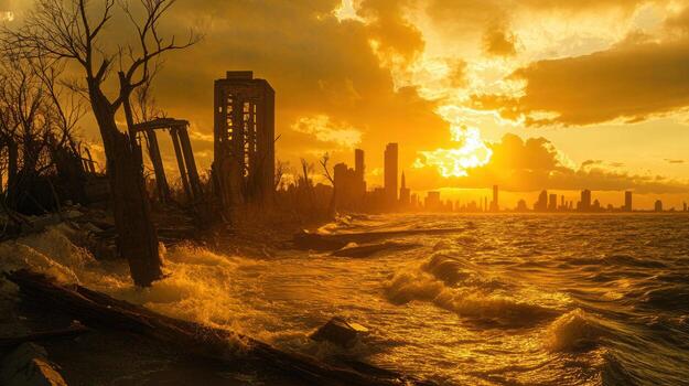 stunning sunset over shoreline with abandoned structures and waves photo