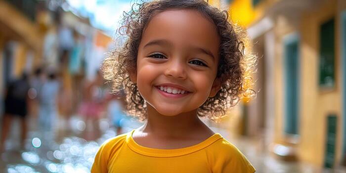 A joyful portrait of a smiling child with curly hair in a sunny outdoor setting. photo