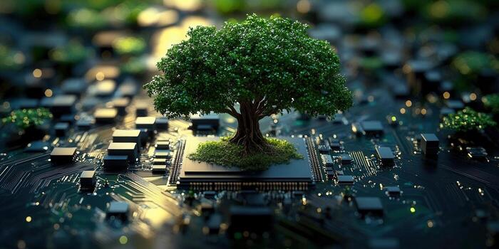 The image showcases a tree flourishing on a computer circuit board, blending nature and technology. photo