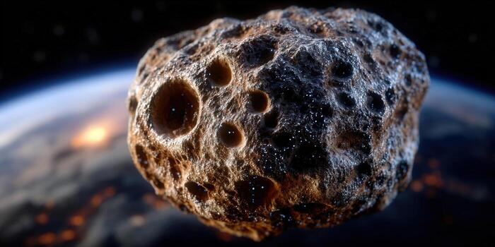 An asteroid hurtling through space, with planet earth visible in the background. photo