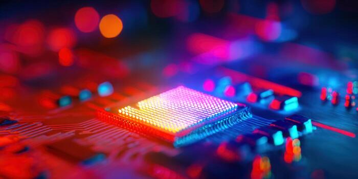 A vibrant image of a computer processor illuminated with colorful lights and intricate details. photo