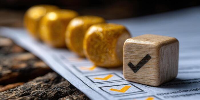 un de madera dado marcado con un marca de verificación significando éxito o terminación. foto