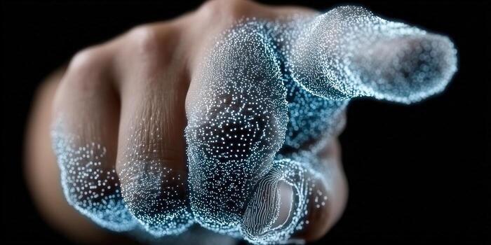 A hand with glowing particles indicates a futuristic connection or digital interaction. photo