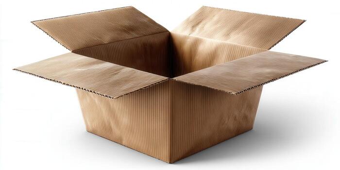 An open cardboard box isolated against a clean white background, ready for packaging. photo