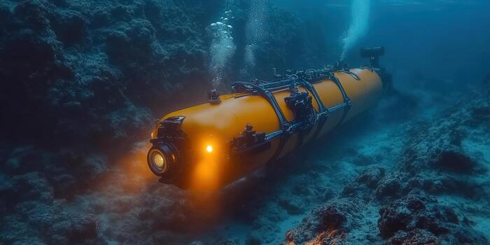 A yellow submarine explores the mysterious depths of the ocean, surrounded by underwater life. photo
