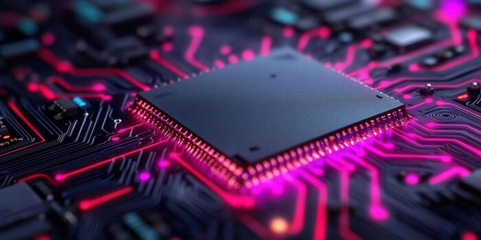 iluminado computadora procesador y circuitos, un símbolo de tecnológico avance. foto