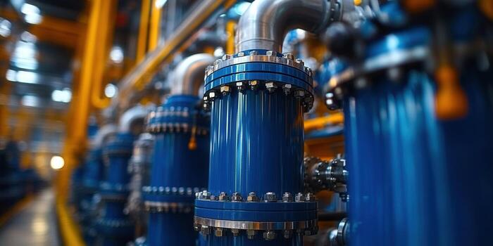 industrial tubería y guarniciones en un fábrica, exhibiendo Ingenieria y tecnología foto