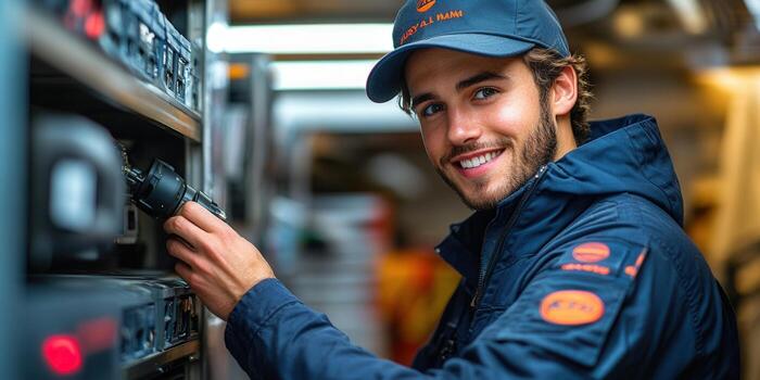 A smiling technician checks a server connection in a modern data center, looking friendly and professional. photo