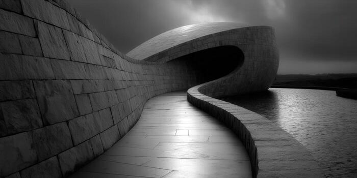 A modern architectural design with a curving path and unique shapes photo