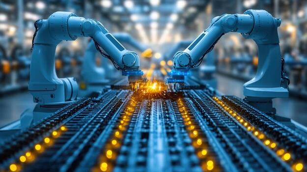 Robotic arms in action, welding and assembling parts in a modern factory environment. photo