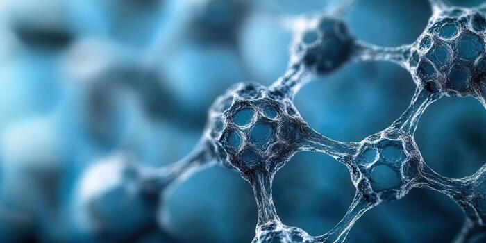 A detailed and artistic rendering of a blue molecular structure photo