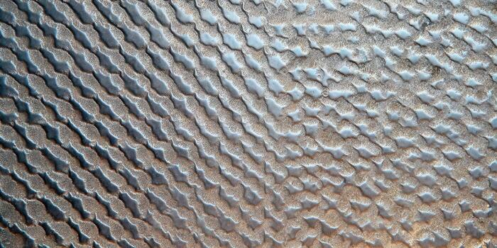 Diagonal sand dunes form intricate patterns across the arid desert landscape, shaped by wind photo