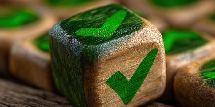 A close-up of wooden dice displaying green check marks, symbolizing choices. photo