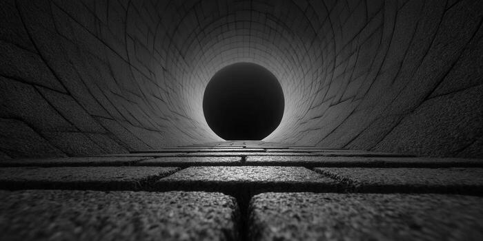 Looking up a dark tunnel with a bright light at the end, creating an enigmatic atmosphere. photo
