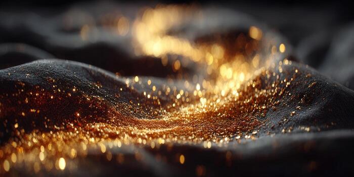 Golden glitter sparkles on a dark, textured fabric, creating a luxurious background. photo