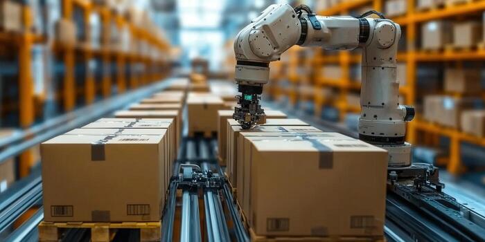 A robotic arm sorts boxes on a conveyor belt in an automated warehouse. photo