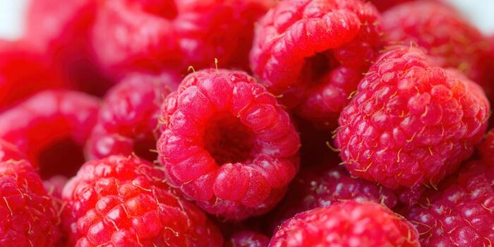 A macro shot of fresh, ripe raspberries, showcasing their vibrant red color and juicy texture. photo