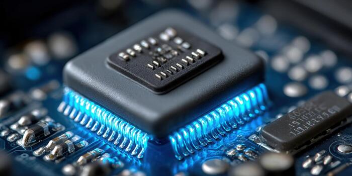 Intricate macro shot of a microchip on a circuit board, showcasing glowing elements. photo