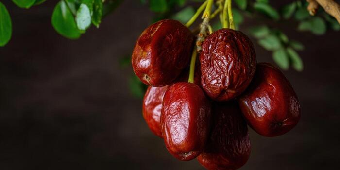 A close-up shot of delicious ripe dates hanging from a branch, ready to be picked. photo