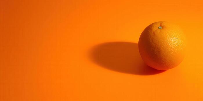 A vibrant orange fruit sits on an orange surface, casting a shadow in this simple studio shot. photo