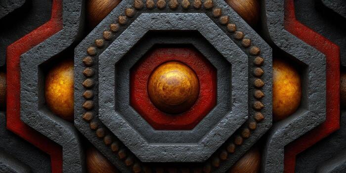 This striking image showcases a detailed geometric pattern with a blend of textures and colors in a symmetrical composition. photo