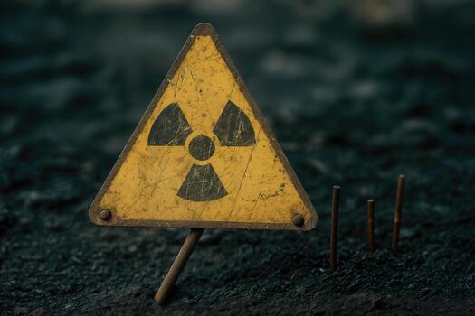 Abandoned Radiation Warning Sign in Dark Desolate Landscape Reflecting Hazardous Environment and Nuclear Cautionary Symbol photo
