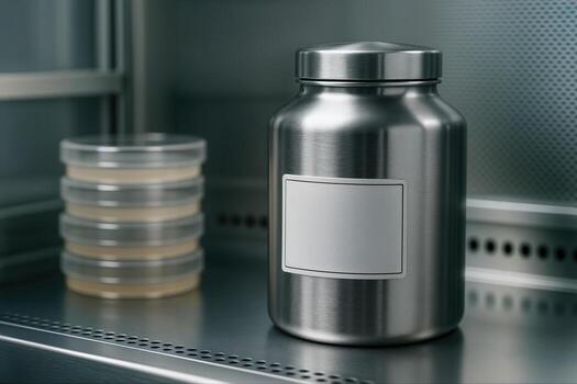 Empty Label Metal Container and Petri Dishes Displaying Laboratory Sterility in Controlled Environment For Scientific Research or Testing Facility Visualization photo