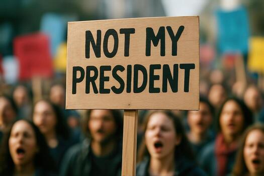 Protest Sign Focus with Crowd and Not My President Message Capturing Demonstration and Political Activism, Highlighting Public Dissent, Civic Engagement, and Social Change in Urban Setting photo