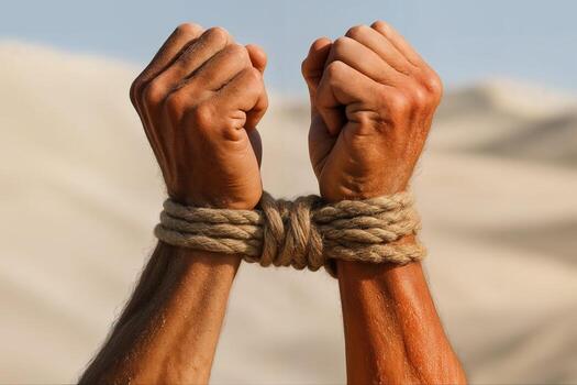 Enslaved in Desert Sandscape Hands Bound with Rope in Arid Desert Scene Epitomizing Captivity and Isolation photo