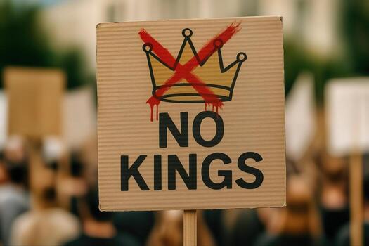 Protest Against Monarchy with Cardboard Sign Depicting Crossed Out Crown Reading No Kings During Demonstration photo