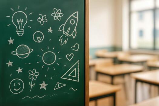 pizarra garabatos con cohete y solar sistema elementos en salón de clases ajuste con borroso antecedentes foto