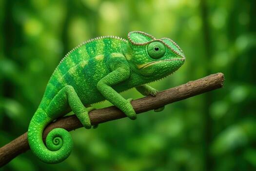 Chameleon on Branch in Lush Green Rainforest with Vibrant Background Focusing on Wildlife and Nature Photography for Environmental and Educational Themes photo