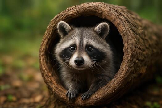 Curious Raccoon Peeking From Log in Lush Forest Setting photo