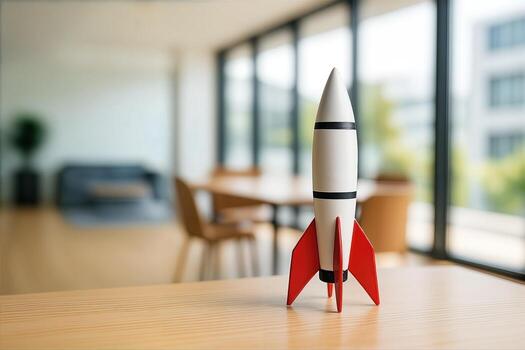 Model Rocket on Office Desk with Blurred Modern Background and Bright Natural Light Creating a Professional Workspace Ambiance for Creative and Inspirational Business Concepts photo