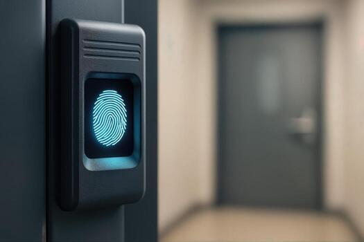 Futuristic Biometric Security System with Glowing Fingerprint Access on Electronic Lock for High-Tech Surveillance and Enhanced Privacy photo