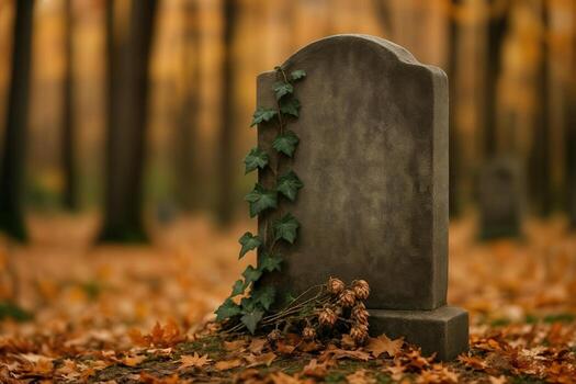 Ivy Covered Tombstone in Autumn Forest with Fallen Leaves and Blurred Background Creating a Serene and Melancholic Atmosphere for Nature, Reflection, and Memorial Photography photo