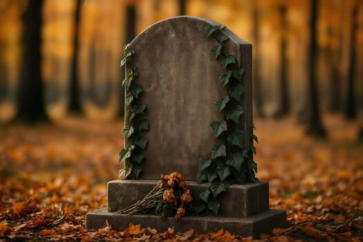 Ivy Covered Tombstone in Autumn Cemetery with Fallen Leaves and Branches Amidst Blurred Forest Background photo